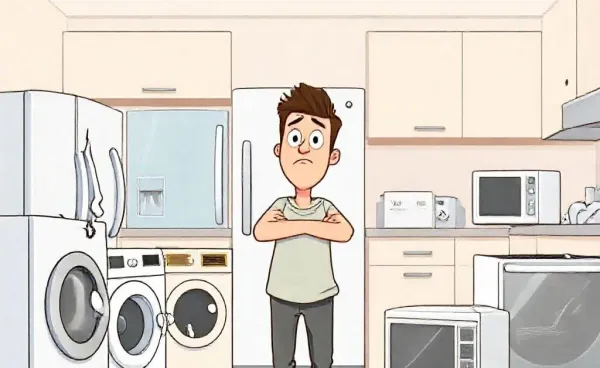 A cartoon homeowner staring in confusion at a pile of broken appliances