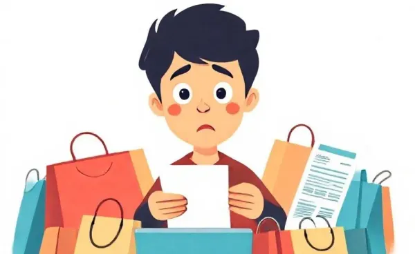 Character surprised at a large shopping bill surrounded by shopping bags