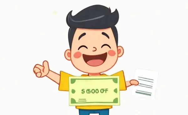Cartoon character celebrating paid-off bill with enthusiasm