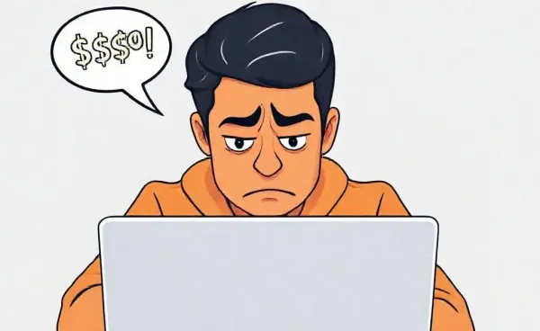 An overwhelmed shopper staring at a laptop with a cartoon speech bubble showing dollar signs