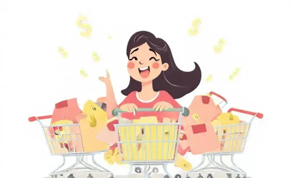 Woman surrounded by overflowing online shopping carts and dollar signs