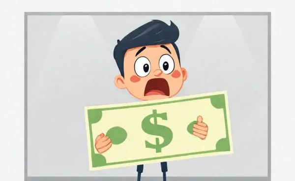 A cartoon character overwhelmed by a giant bill