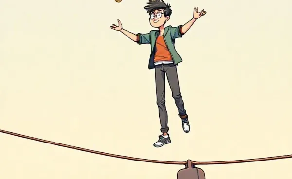 A comic depiction of a person trying to balance money on a tightrope