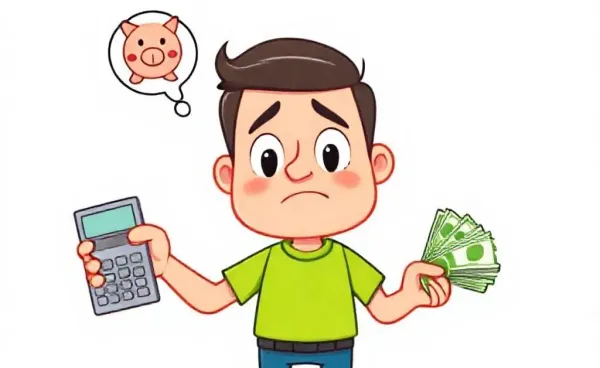 A perplexed Tim holding a calculator and bills with a thought bubble of a piggy bank.