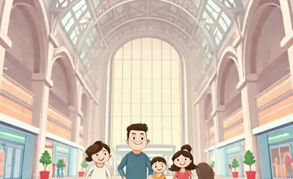 A cartoon family overwhelmed by a giant shopping mall