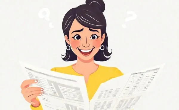 Cheerful woman confused by budgeting sheet