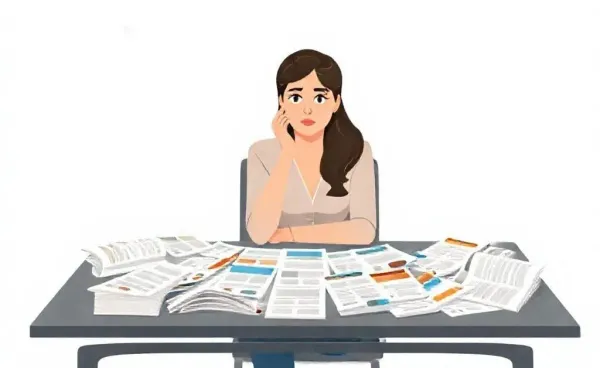 A confused woman surrounded by a sea of insurance brochures and charts