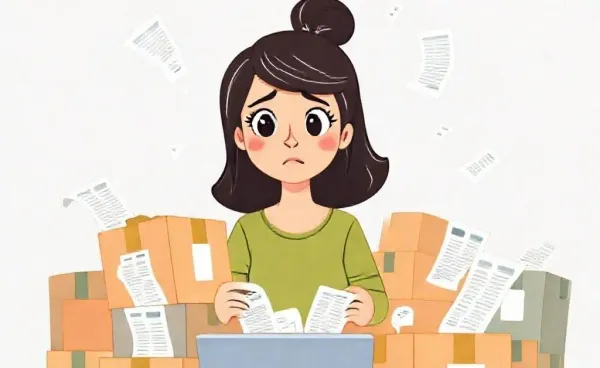 A cartoon woman surrounded by online shopping boxes and receipts, looking bewildered