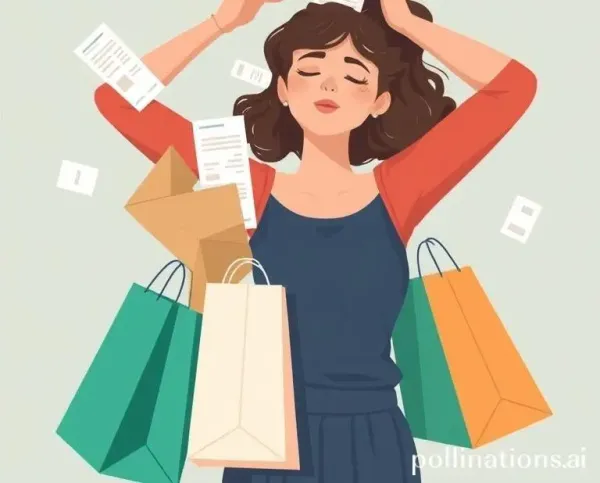 A young woman sitting amidst a pile of shopping bags and receipts, looking overwhelmed yet amused