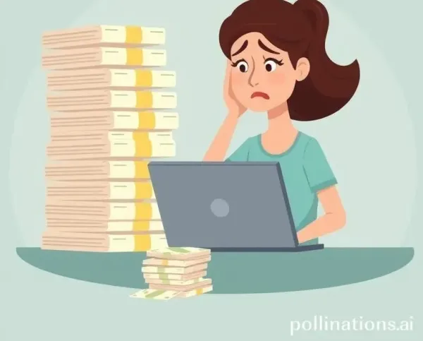 Mia looking at a tall pile of bills with frustration
