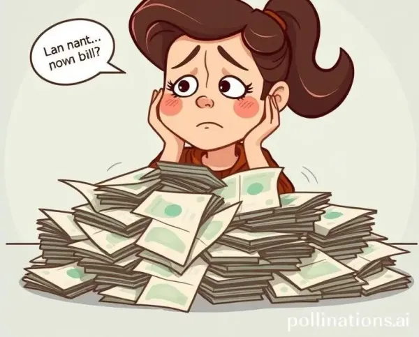 A stressed woman surrounded by a mountain of unpaid bills with comical expressions