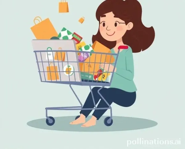 A woman overwhelmed by her online shopping cart full of many small items