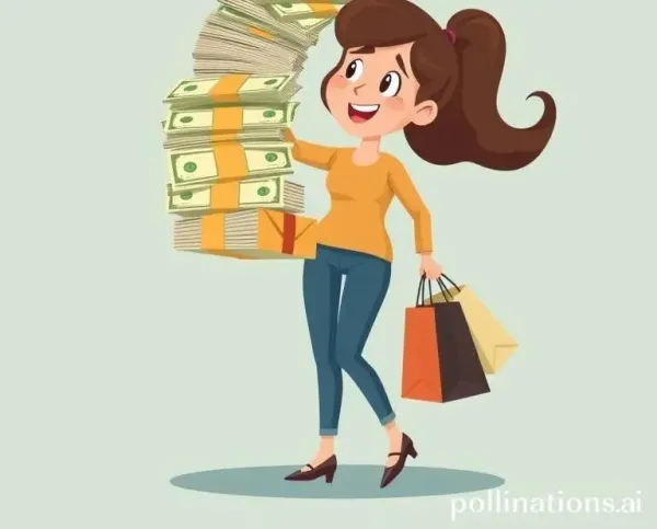 A woman juggling bills and shopping bags with a stressed expression