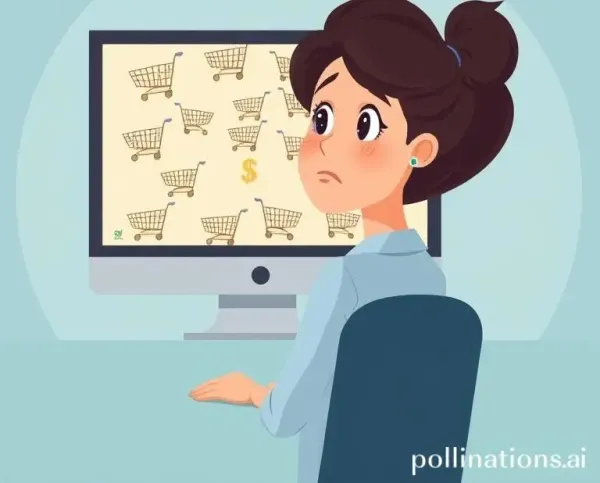 A cartoon woman puzzled by multiple online shopping carts and dollar signs