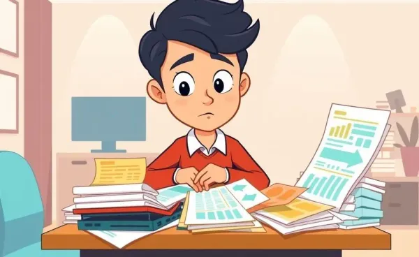 A cartoon person confused by a pile of tax documents