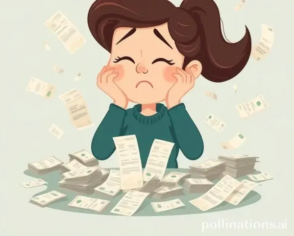 A cartoon woman overwhelmed with bills and receipts scattered around her
