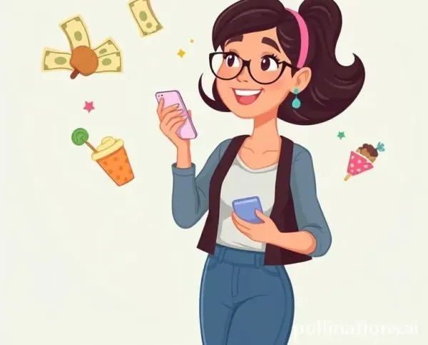 Mia juggling bills and small treats with her phone in hand, looking confused but determined