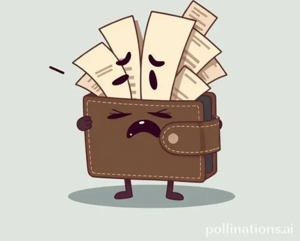A cartoon wallet overloaded with receipts, looking stressed