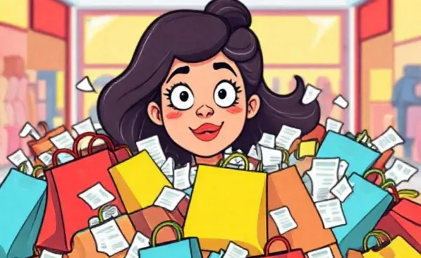 A cartoon of a woman sitting amidst an avalanche of shopping bags and receipts