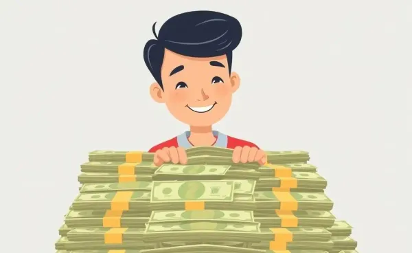 A character looking puzzled at a stack of bills on a desk.