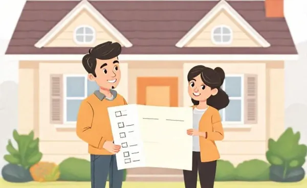 A couple analyzing a financial checklist in front of a dream house