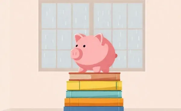 A piggy bank sitting on a stack of books in a cozy room.