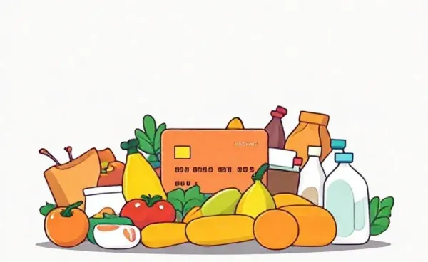 Illustration of a credit card surrounded by grocery items