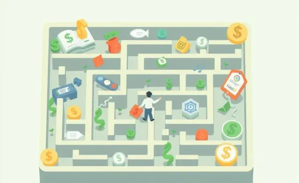 A cartoon-style maze with credit cards along the path and a character looking determined to reach the end.