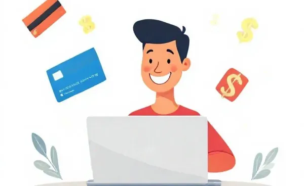 Person managing credit card rewards on laptop with card icons