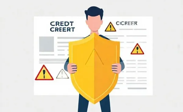 Person holding a shield in front of a credit report with caution signs.