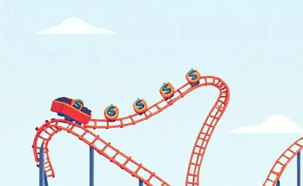 A rollercoaster ride made of credit symbols, symbolizing the ups and downs of credit scores