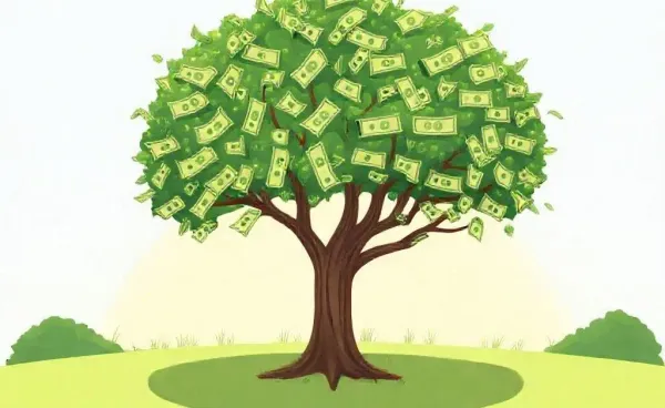 A cartoon tree with money leaves representing dividend growth