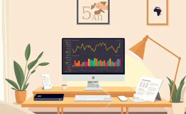 A cozy home office setup with a computer displaying stock charts