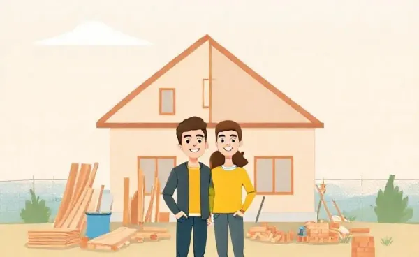 A couple standing in front of their unfinished dream home.