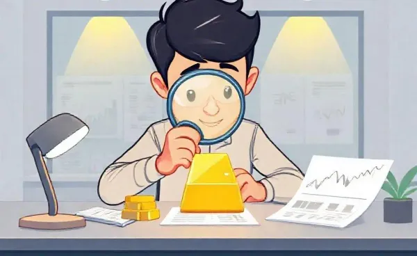 A person examining a gold bar under a magnifying glass with investment charts in the background