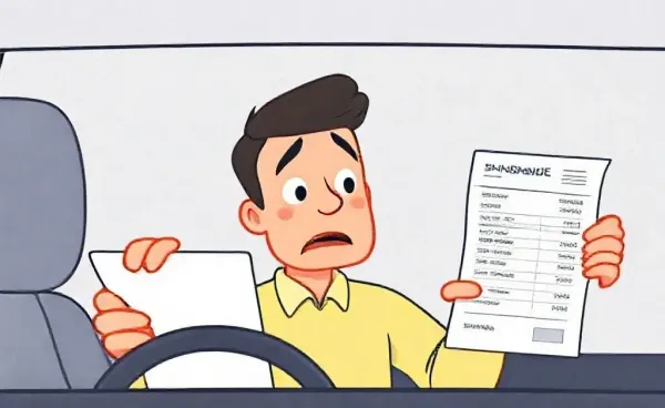 A puzzled driver looking at a high car insurance bill