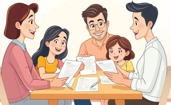 A family sitting together reviewing insurance papers