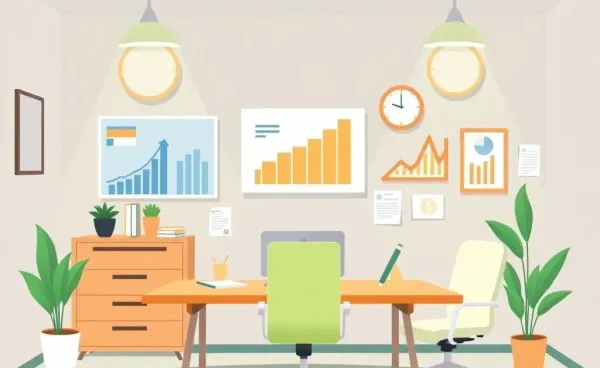 Cartoon drawing of a financial office with economic charts