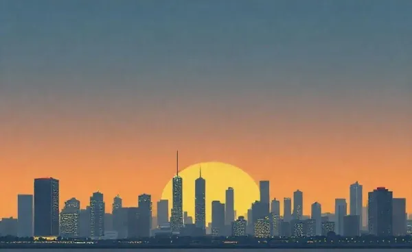 Skyline of a city merging with a financial district at dusk.