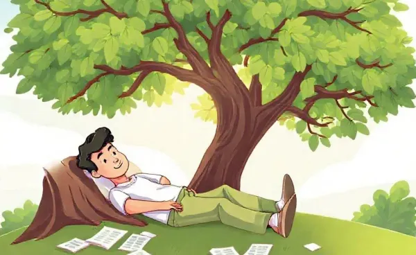 Person relaxing under a tree with financial documents