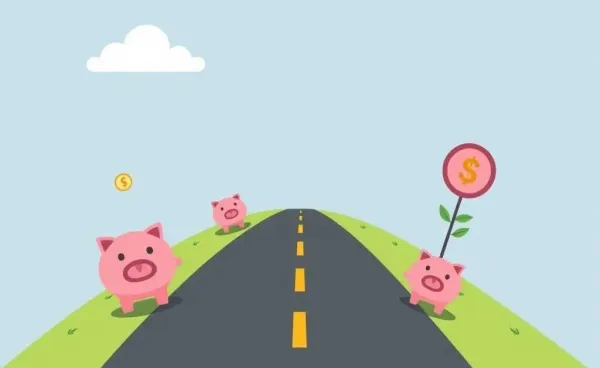 A road leading to financial freedom with piggy banks and dollar signs.