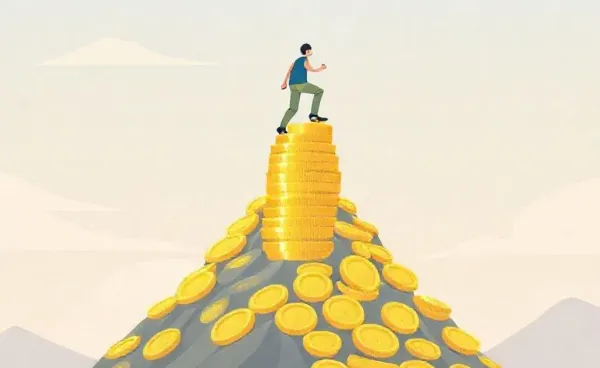 A person climbing a coin mountain representing financial independence