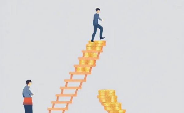 A person being guided by a mentor up a stairway made of coins.