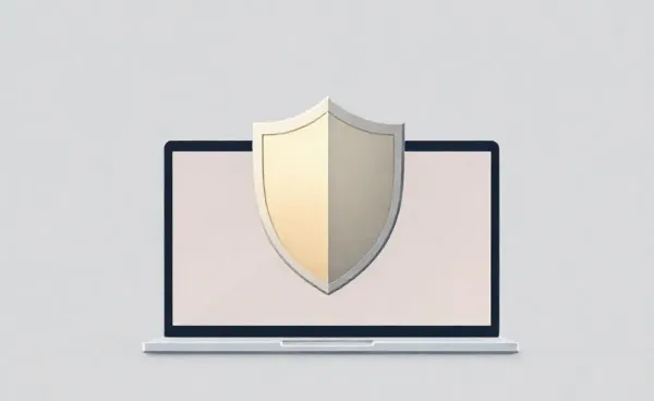 A shield protecting a laptop from digital scam threats.