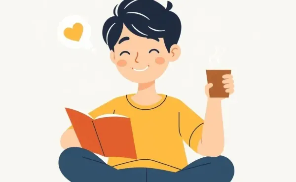 A person enjoying daily activities like reading and drinking coffee in a cartoon style.