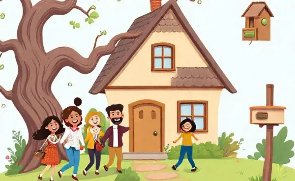 A family viewing a unique house, excitedly planning their new home.