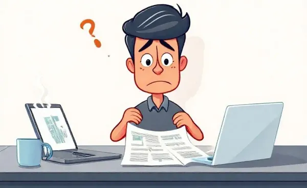 Cartoon of frustrated person at a desk with health insurance document