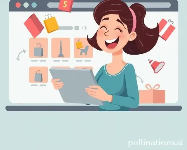 A cartoon woman happily scrolling through an online shopping website