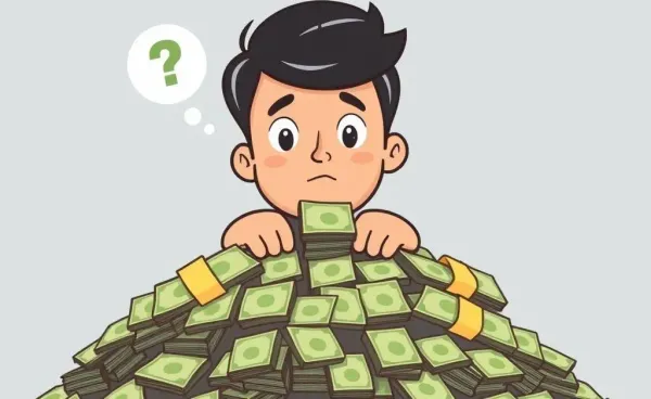 Cartoon character astonished by a towering mountain of unorganized bills
