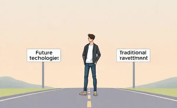 Illustration of a person at a crossroads between future technologies and traditional investments.